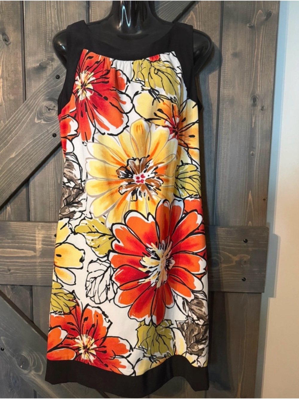 AB Studio Orange, Yellow & Black Floral Shift Mini Dress